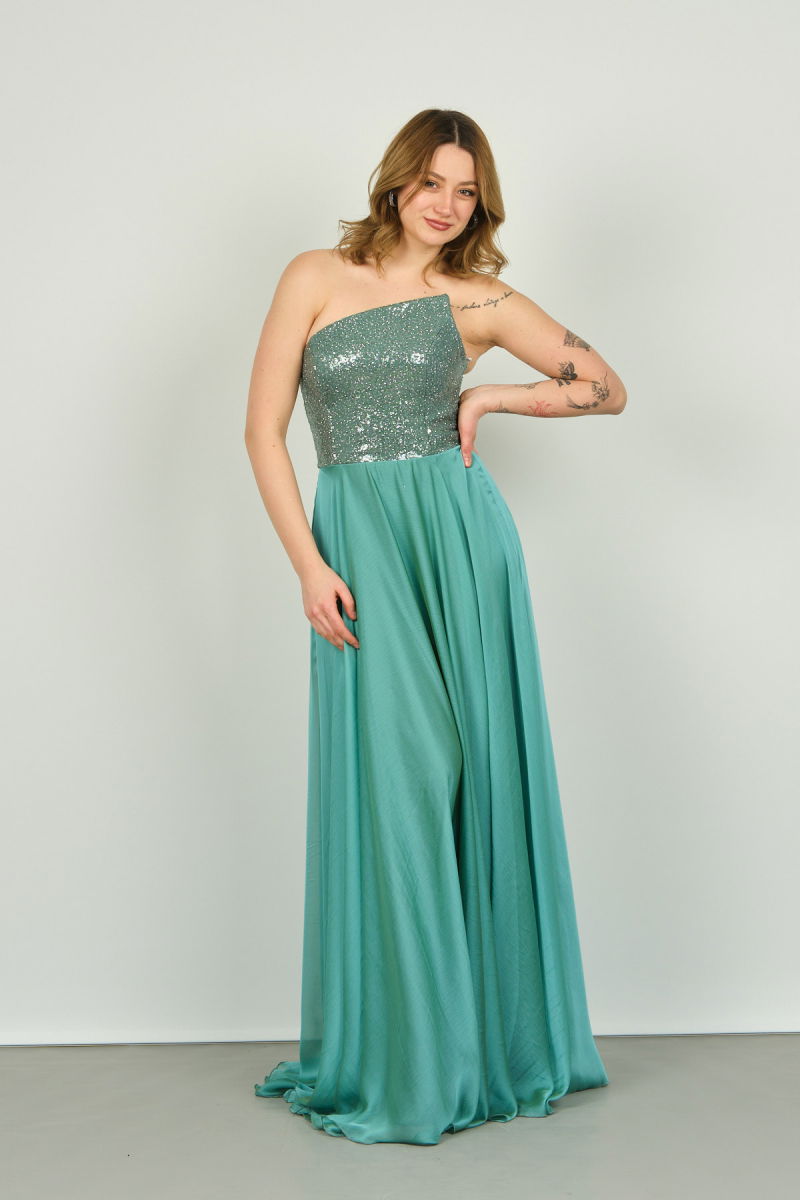 Doridorca Kadın Straplez Yaka Üst Payet Alt Saten Yüzeyli Şifon Abiye Elbise 5091 Mint - 3