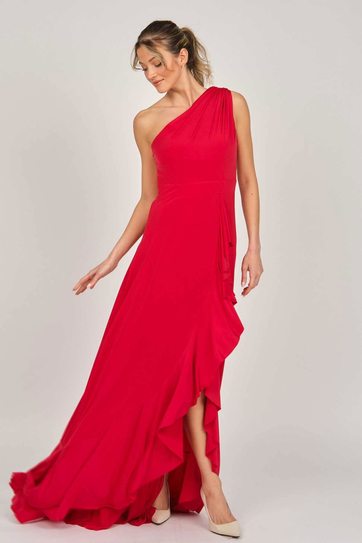 Doridorca Kadın Tek Omuz Abiye Elbise 5922063 Kırmızı - 4