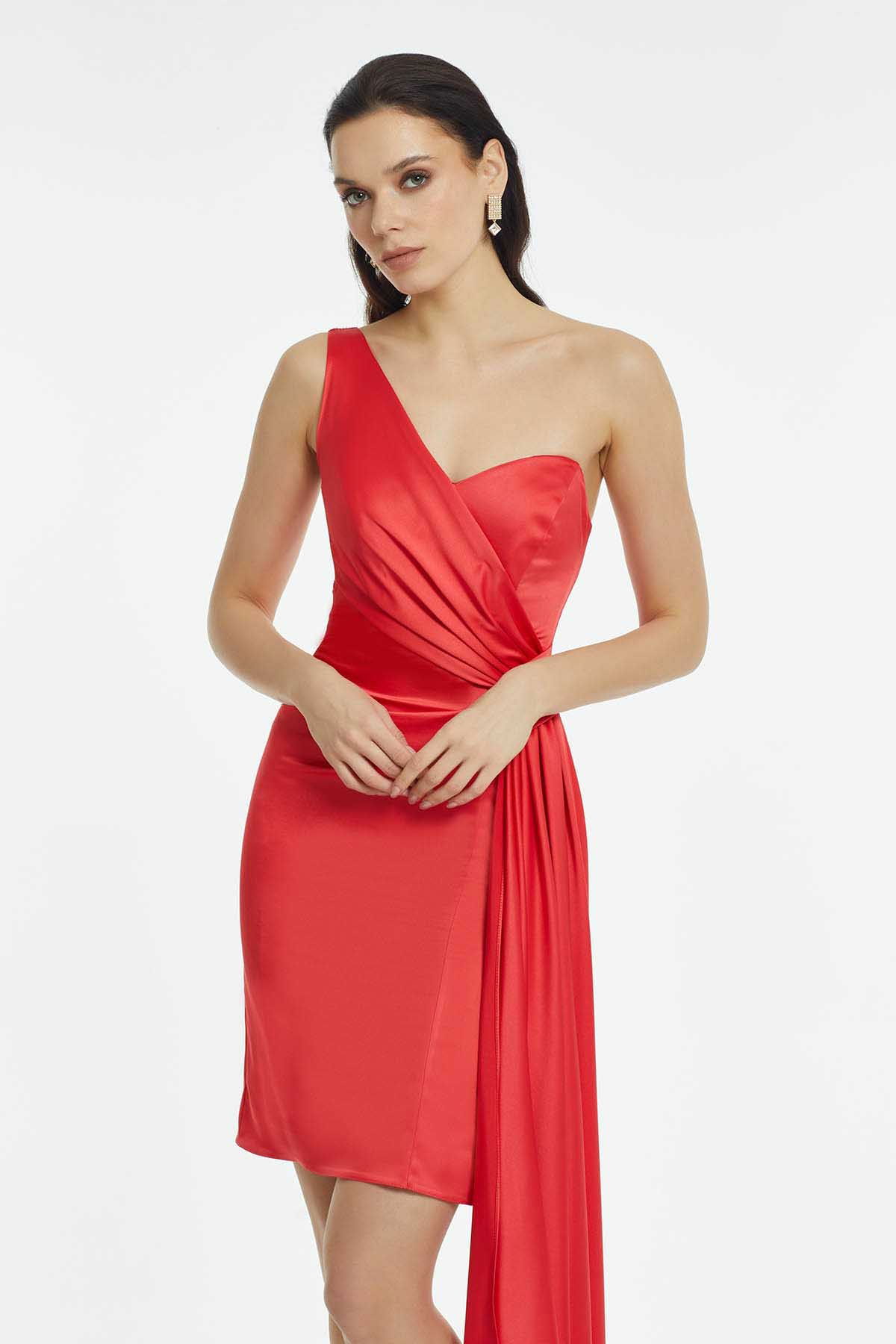 Doridorca Kadın Tek Omuz Abiye Elbise 5924015 Nar - 1