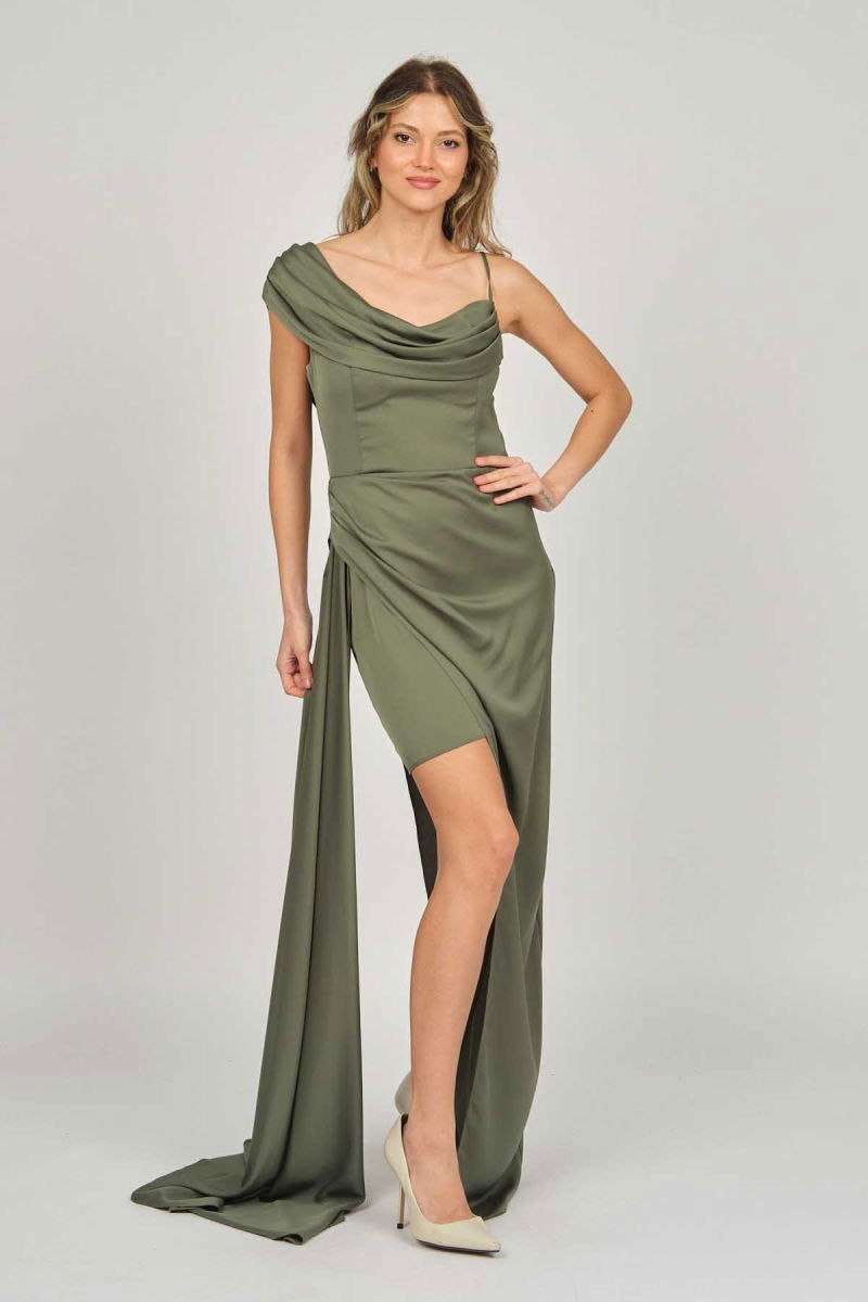 Doridorca Kadın Tek Omuz Detaylı Abiye Elbise 5924030 Haki - Doridorca