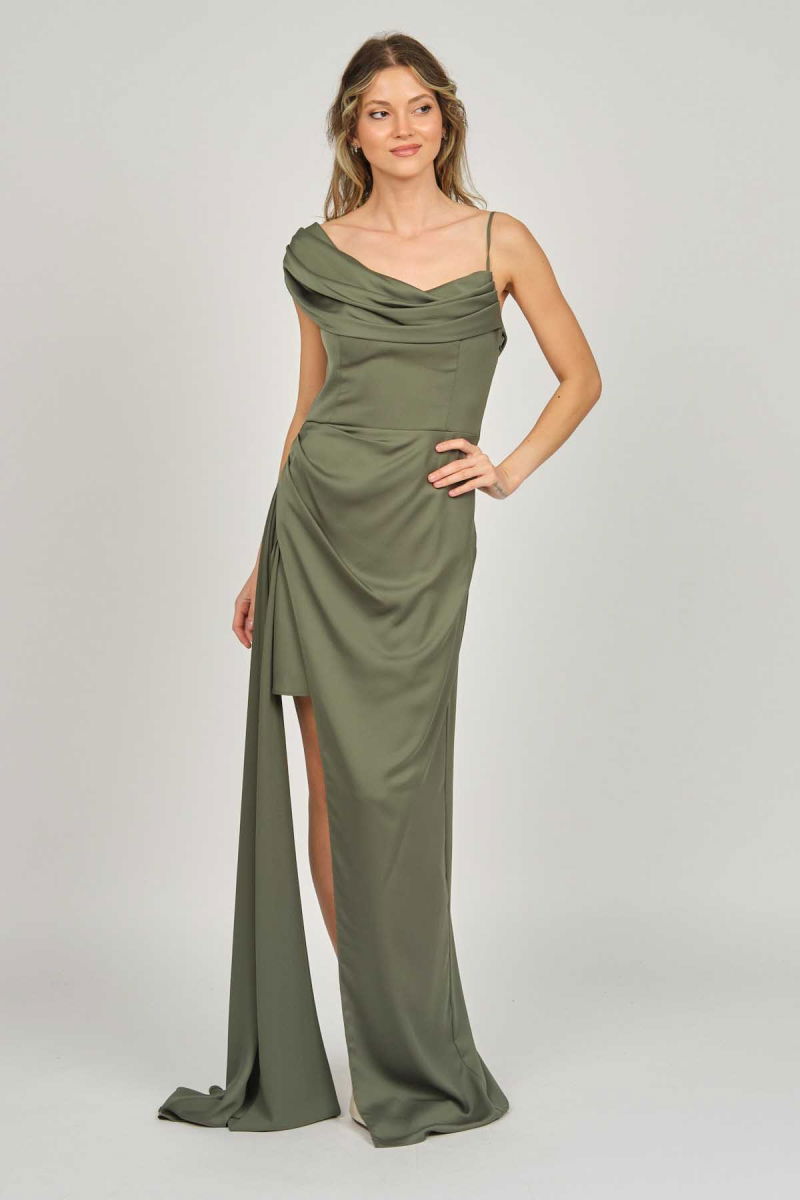 Doridorca Kadın Tek Omuz Detaylı Abiye Elbise 5924030 Haki - 2