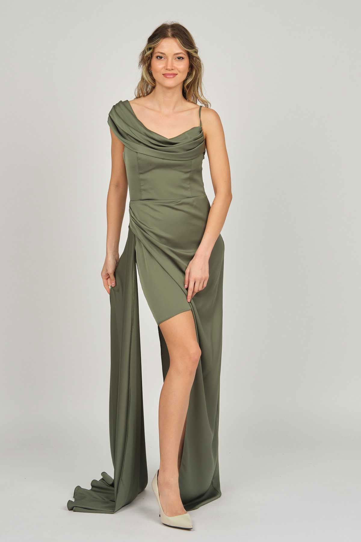 Doridorca Kadın Tek Omuz Detaylı Abiye Elbise 5924030 Haki - 3