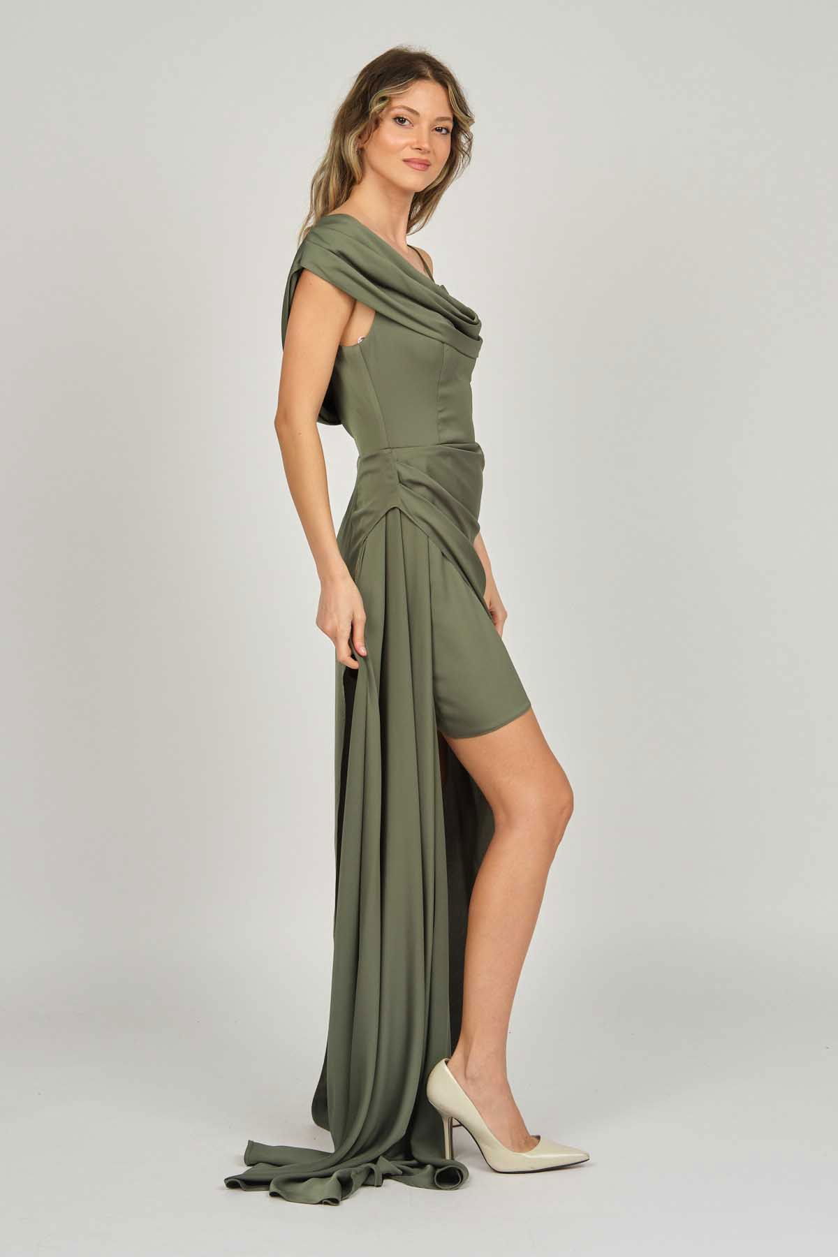 Doridorca Kadın Tek Omuz Detaylı Abiye Elbise 5924030 Haki - 4