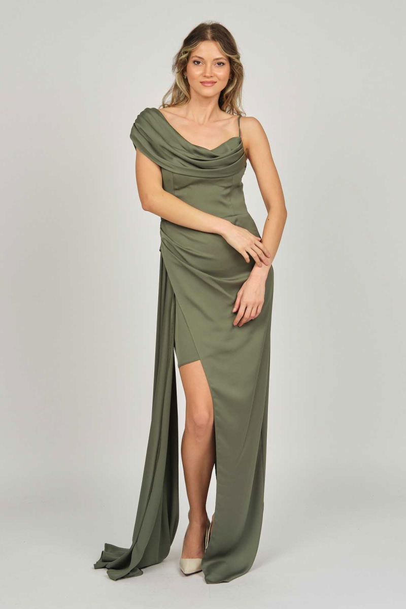 Doridorca Kadın Tek Omuz Detaylı Abiye Elbise 5924030 Haki - 7