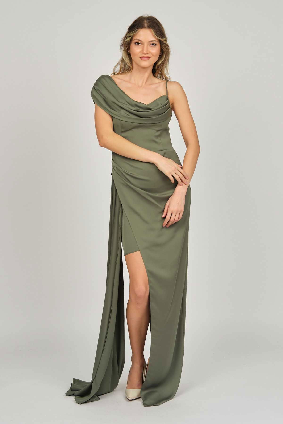 Doridorca Kadın Tek Omuz Detaylı Abiye Elbise 5924030 Haki - 7