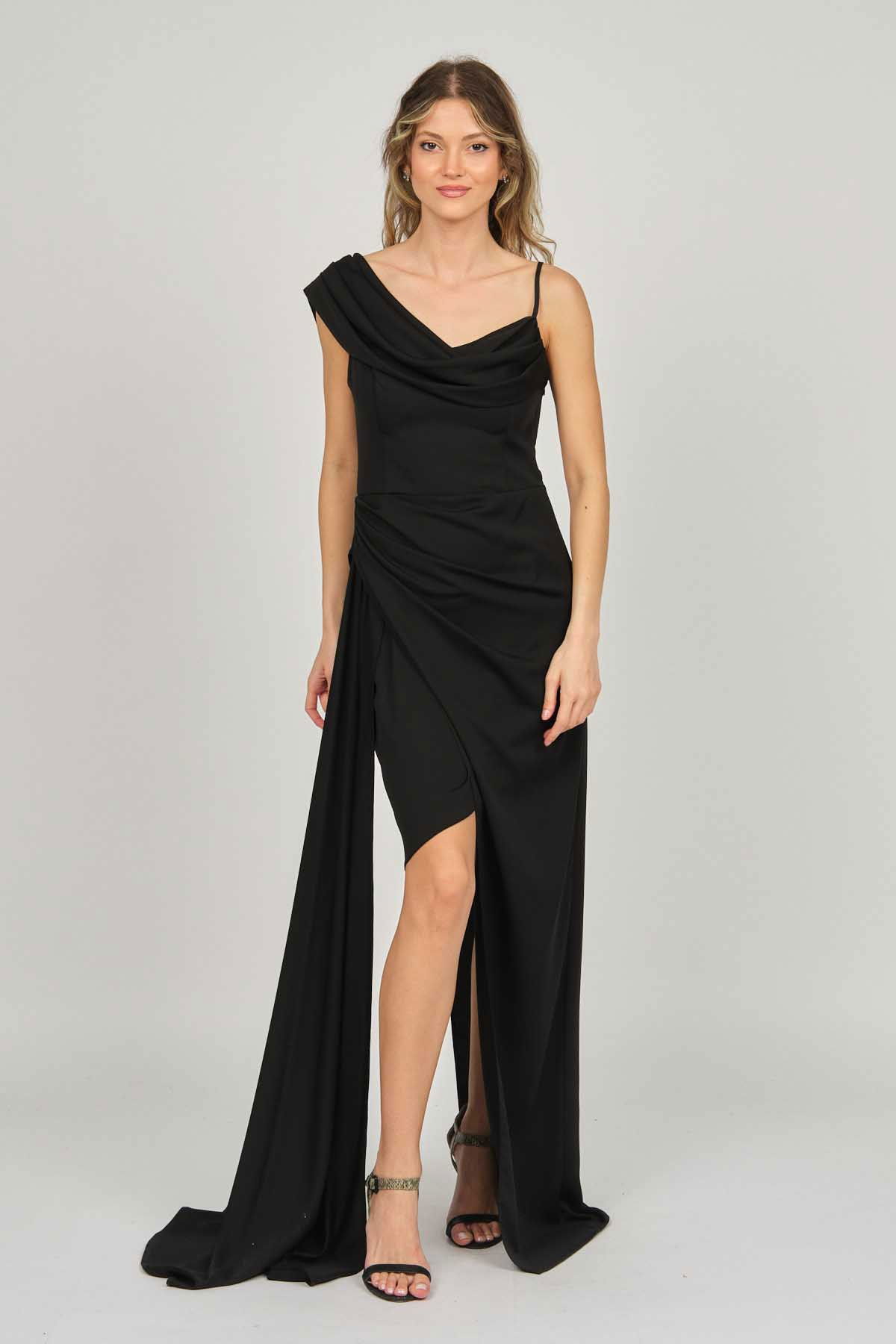 Doridorca Kadın Tek Omuz Detaylı Abiye Elbise 5924030 Siyah - 3