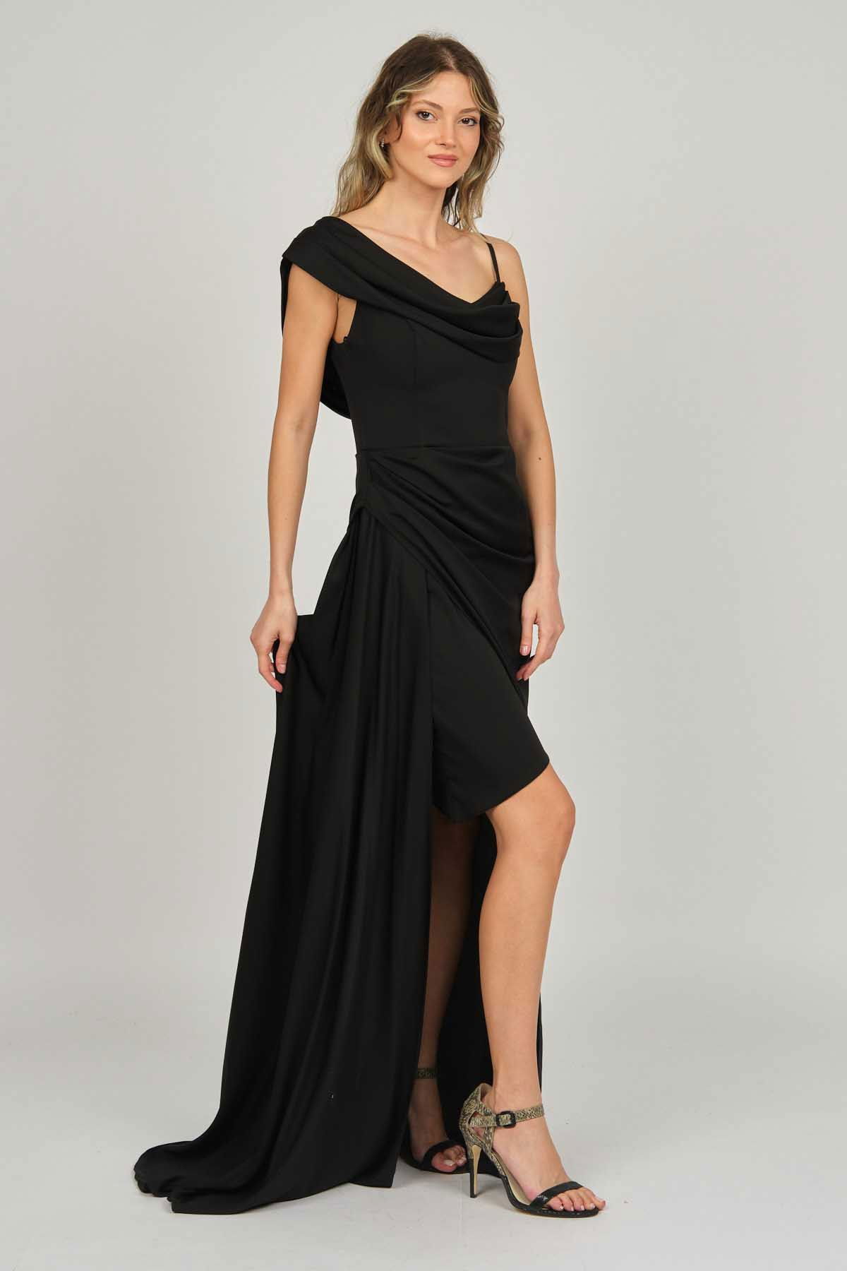 Doridorca Kadın Tek Omuz Detaylı Abiye Elbise 5924030 Siyah - 6