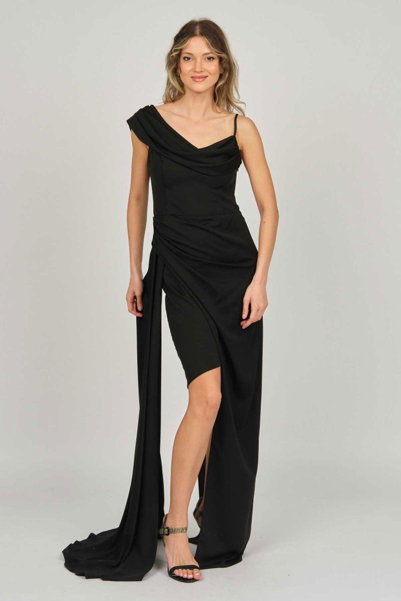 Doridorca Kadın Tek Omuz Detaylı Abiye Elbise 5924030 Siyah - 7