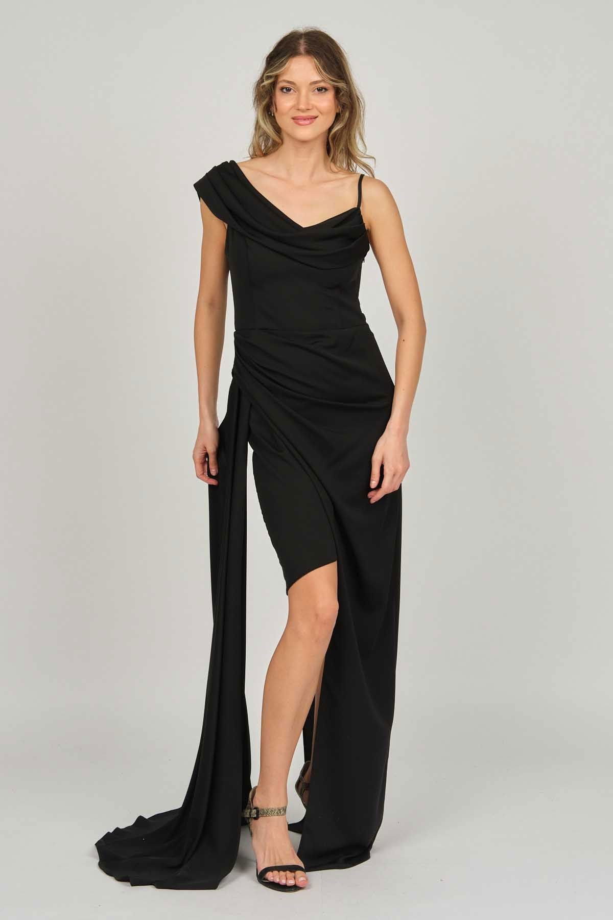 Doridorca Kadın Tek Omuz Detaylı Abiye Elbise 5924030 Siyah - 7