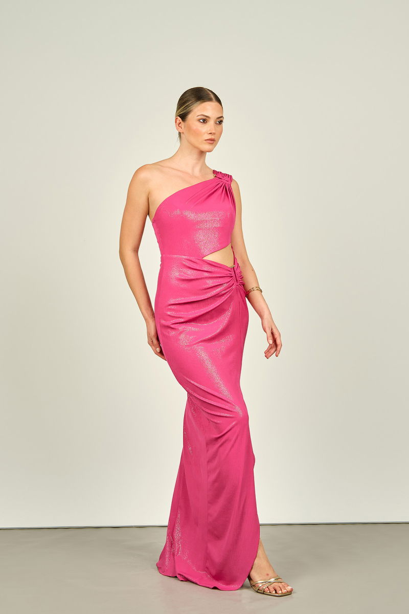Doridorca Kadın Tek Omuz Pencere Detaylı Balık Form Simli Parlak Kumaş Abiye Elbise 6036 Fuşya - Doridorca