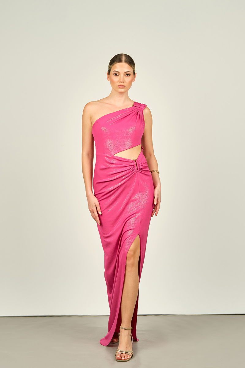 Doridorca Kadın Tek Omuz Pencere Detaylı Balık Form Simli Parlak Kumaş Abiye Elbise 6036 Fuşya - 2
