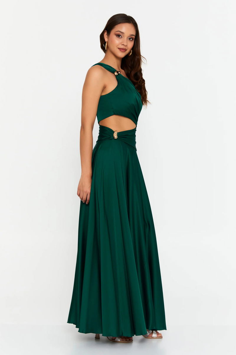 Doridorca Kadın Tek Omuz Pencere Detaylı Maxi Abiye Elbise 7050 Yeşil - 2