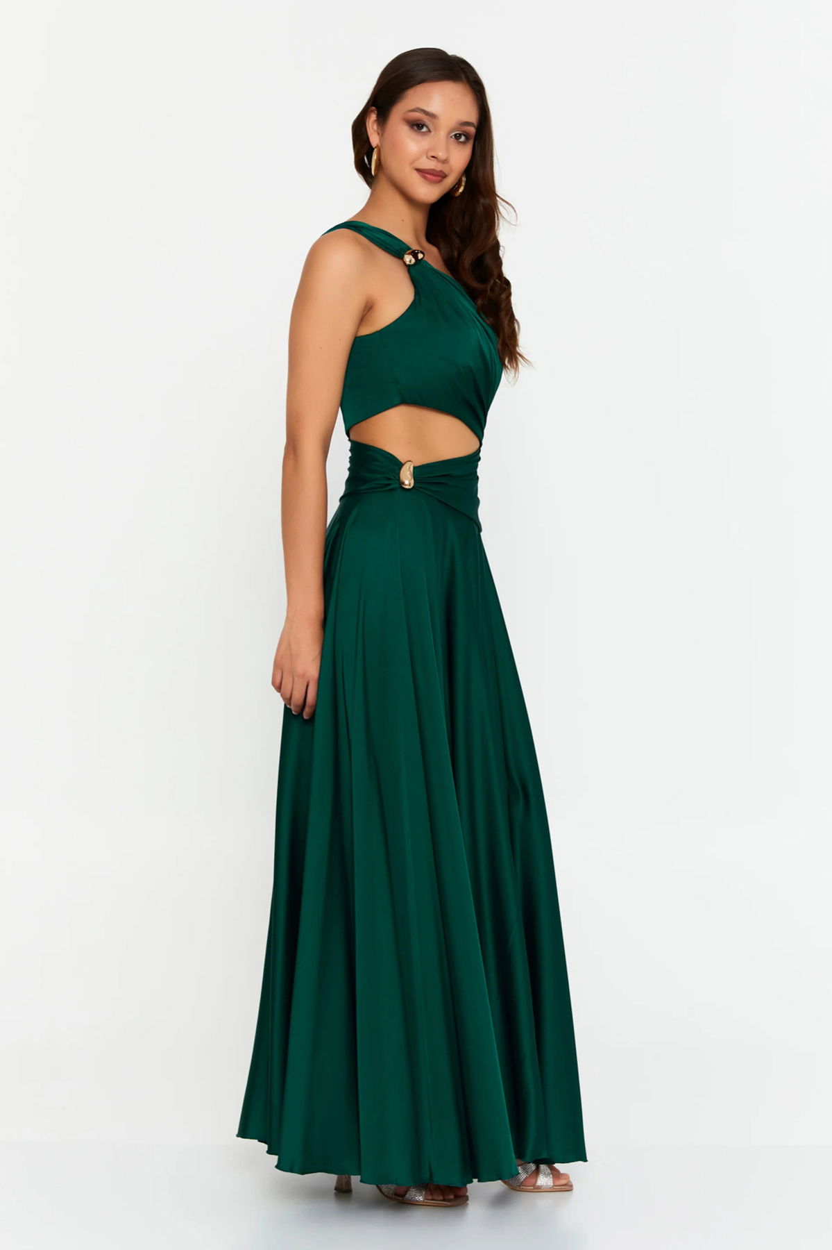 Doridorca Kadın Tek Omuz Pencere Detaylı Maxi Abiye Elbise 7050 Yeşil - 2