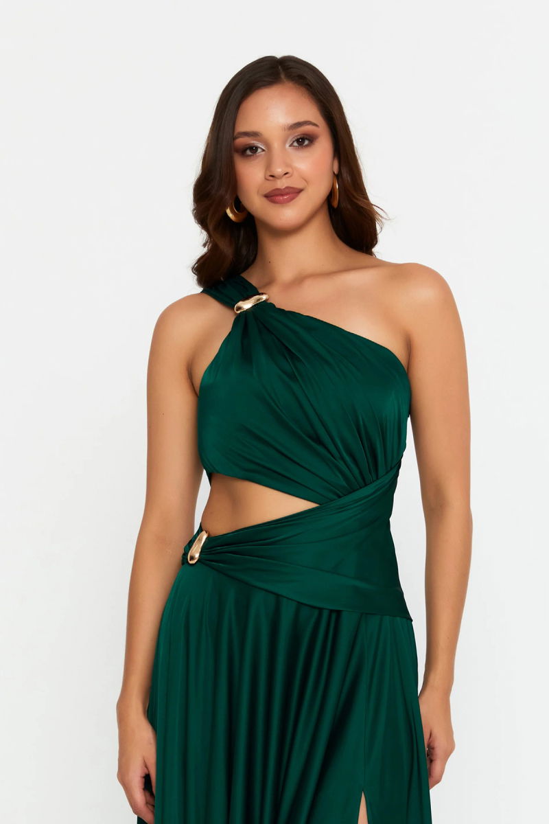 Doridorca Kadın Tek Omuz Pencere Detaylı Maxi Abiye Elbise 7050 Yeşil - 3