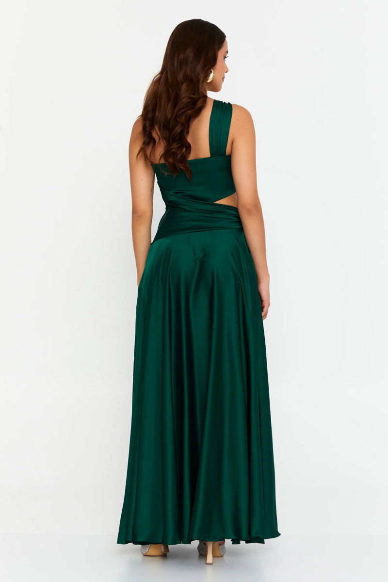 Doridorca Kadın Tek Omuz Pencere Detaylı Maxi Abiye Elbise 7050 Yeşil - 4