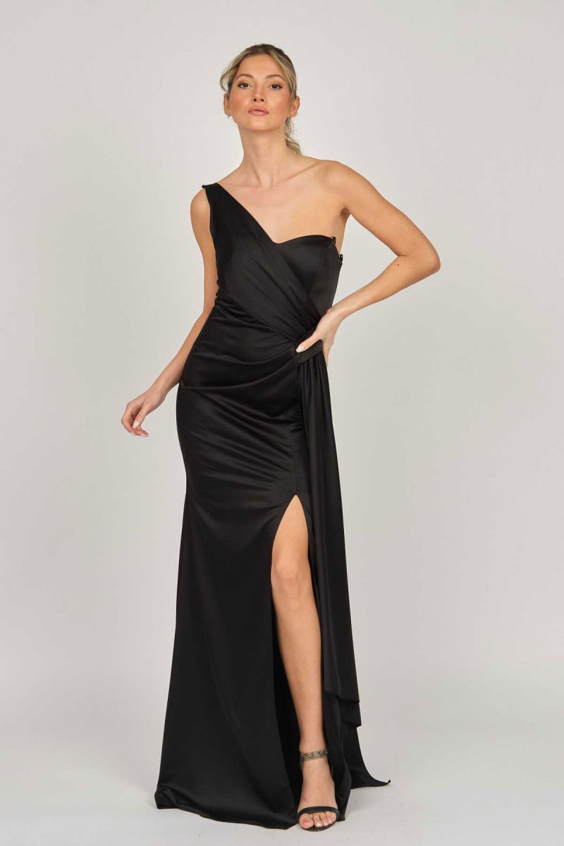 Doridorca Kadın Tek Omuz Saten Abiye Elbise 5921044 Siyah - Doridorca