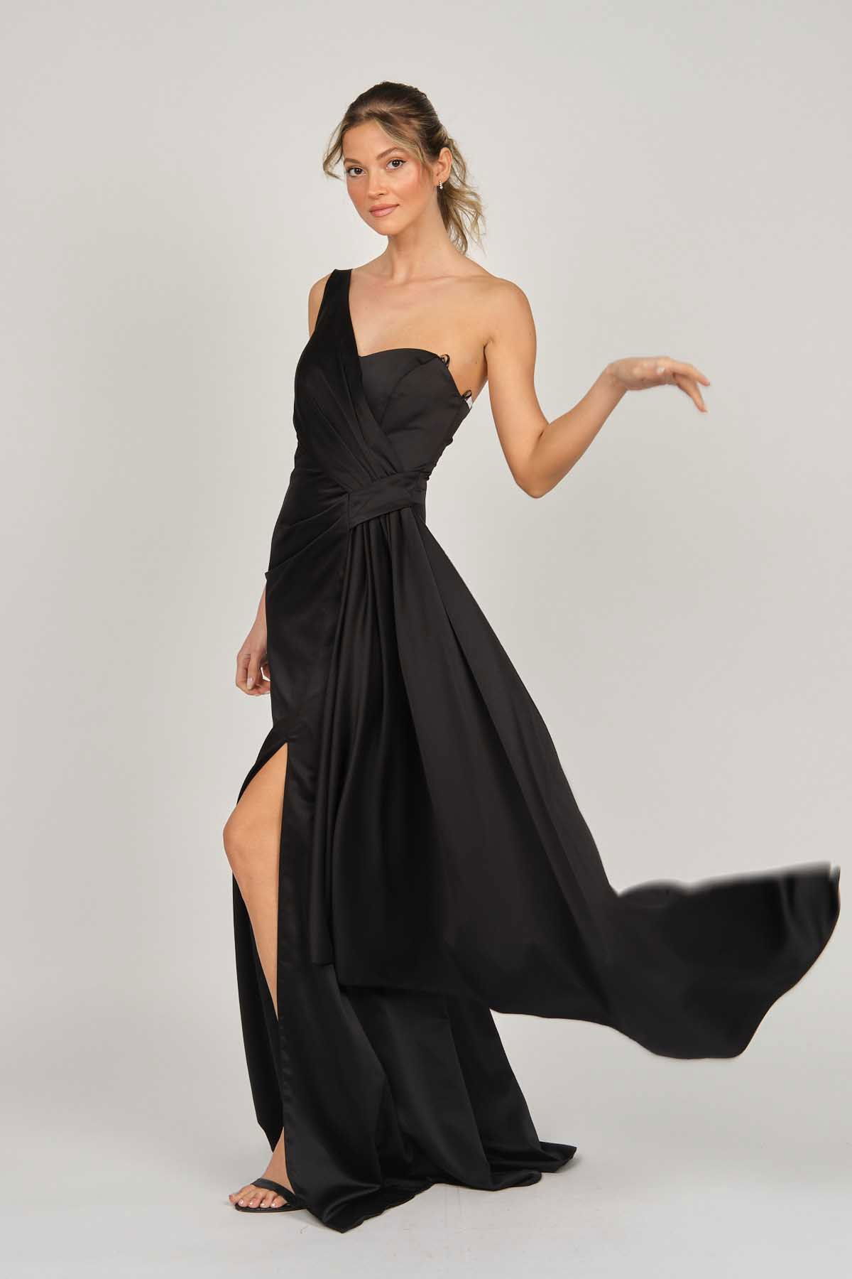 Doridorca Kadın Tek Omuz Saten Abiye Elbise 5921044 Siyah - 3