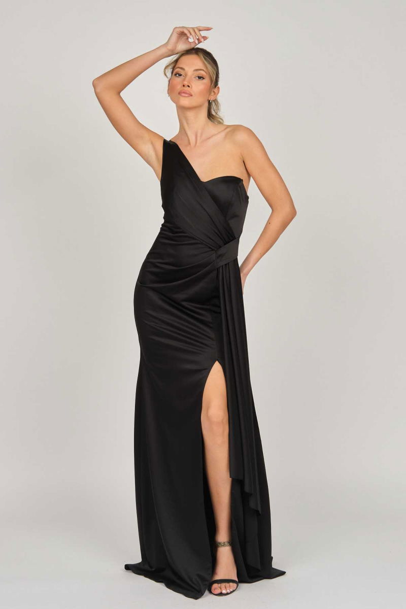 Doridorca Kadın Tek Omuz Saten Abiye Elbise 5921044 Siyah - 4