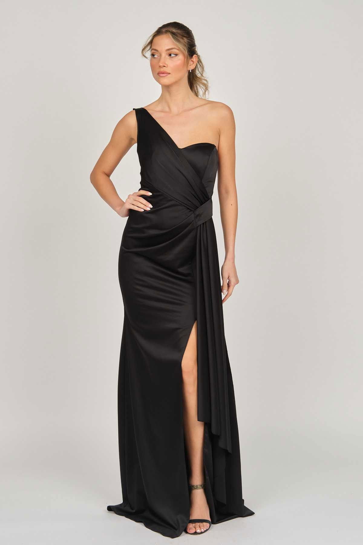 Doridorca Kadın Tek Omuz Saten Abiye Elbise 5921044 Siyah - 6