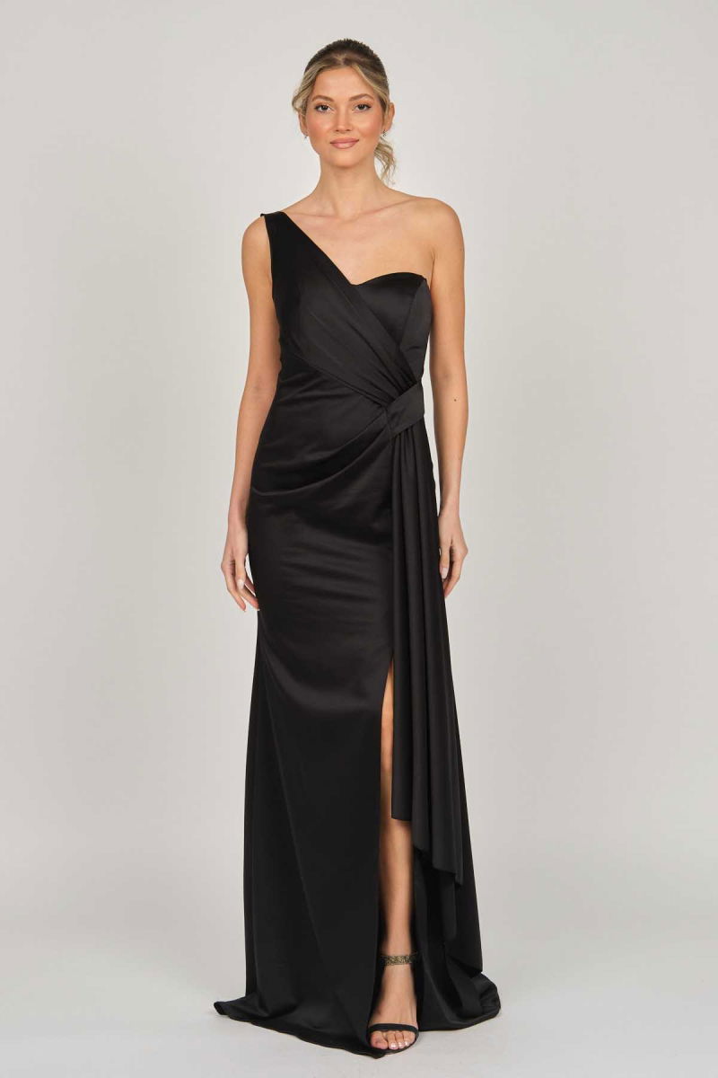 Doridorca Kadın Tek Omuz Saten Abiye Elbise 5921044 Siyah - 7