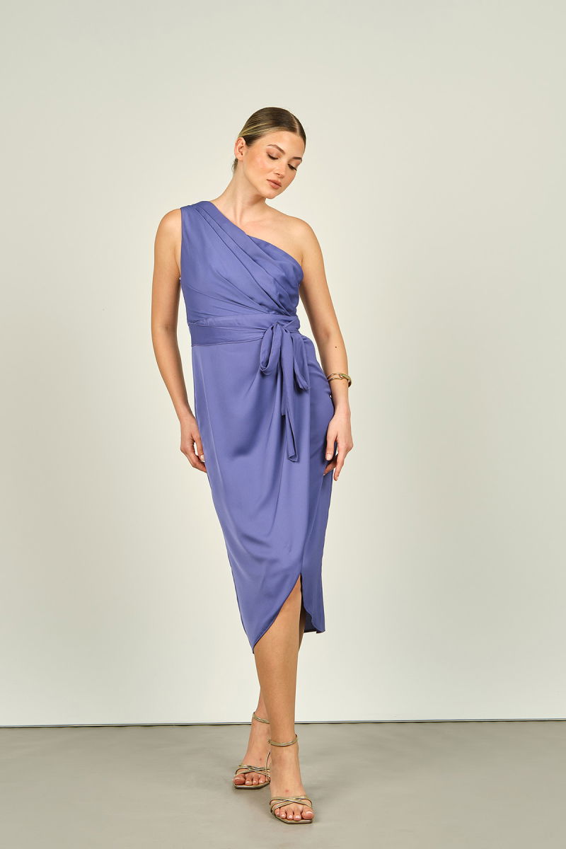 Doridorca Kadın Tek Omuz Saten Midi Abiye Elbise 5081 Leylak - Doridorca