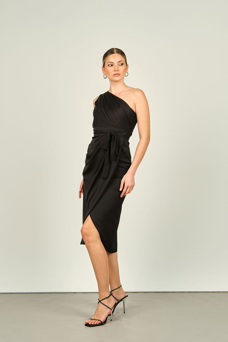 Doridorca Kadın Tek Omuz Saten Midi Abiye Elbise 5081 Siyah - Doridorca
