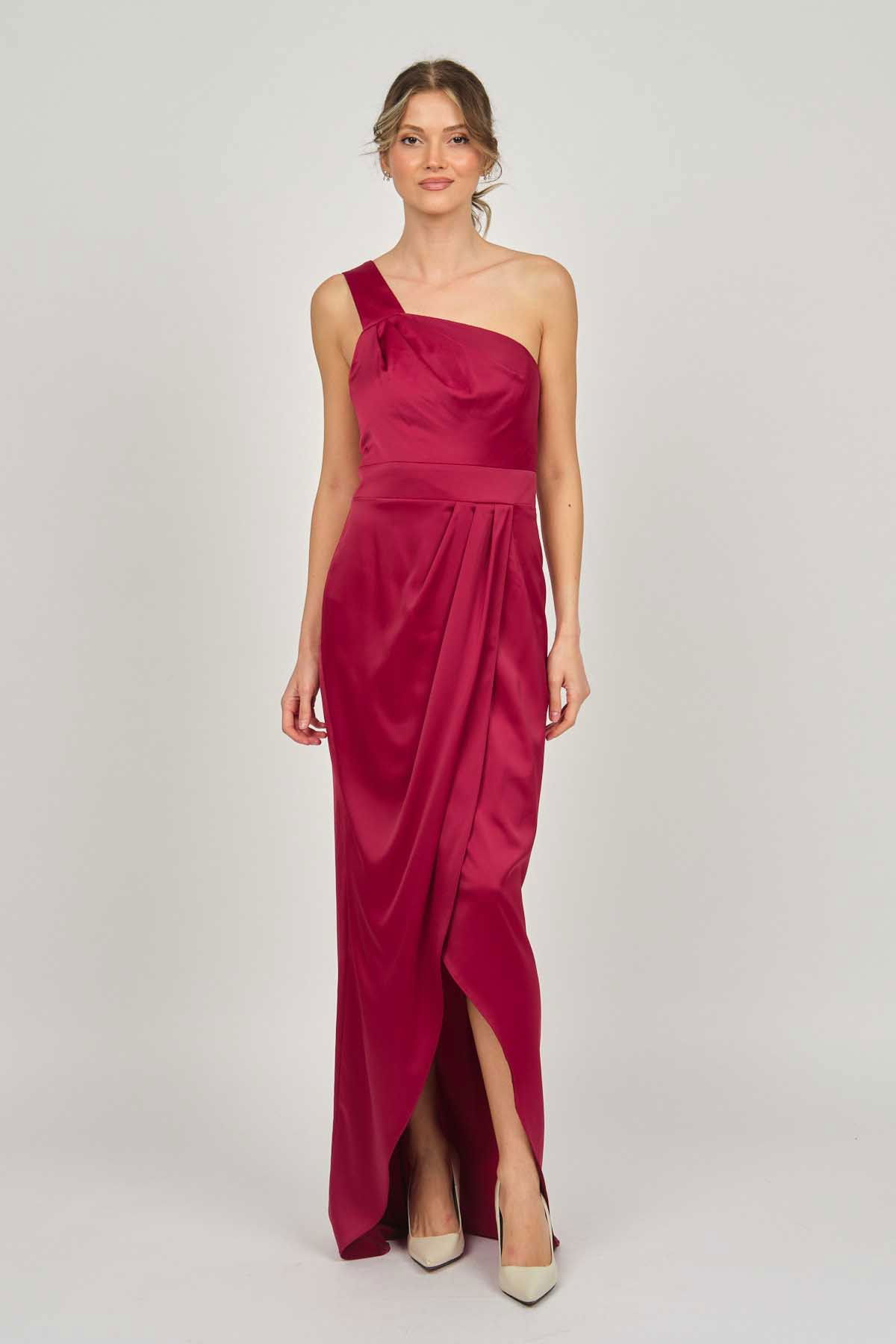 Doridorca Kadın Tek Omuz Uzun Abiye Elbise 5922073 Bordo - 7