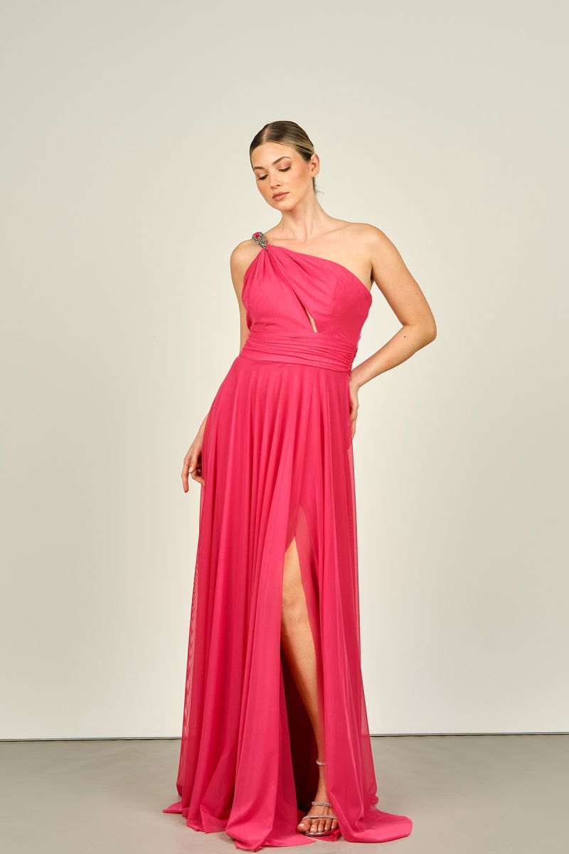 Doridorca Kadın Tek Omuz ve Omzu Taş İşlemeli Uzun Şifon Abiye Elbise 6037 Fuşya - Doridorca