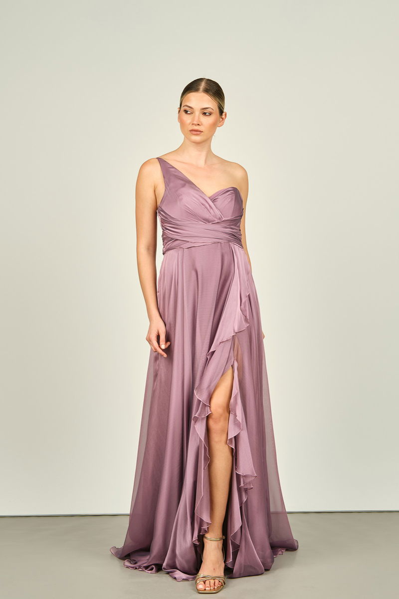 Doridorca Kadın Tek Omuz Yırtmaçlı Fırfır Detaylı Uzun Abiye Elbise 4082 Lavanta - Doridorca