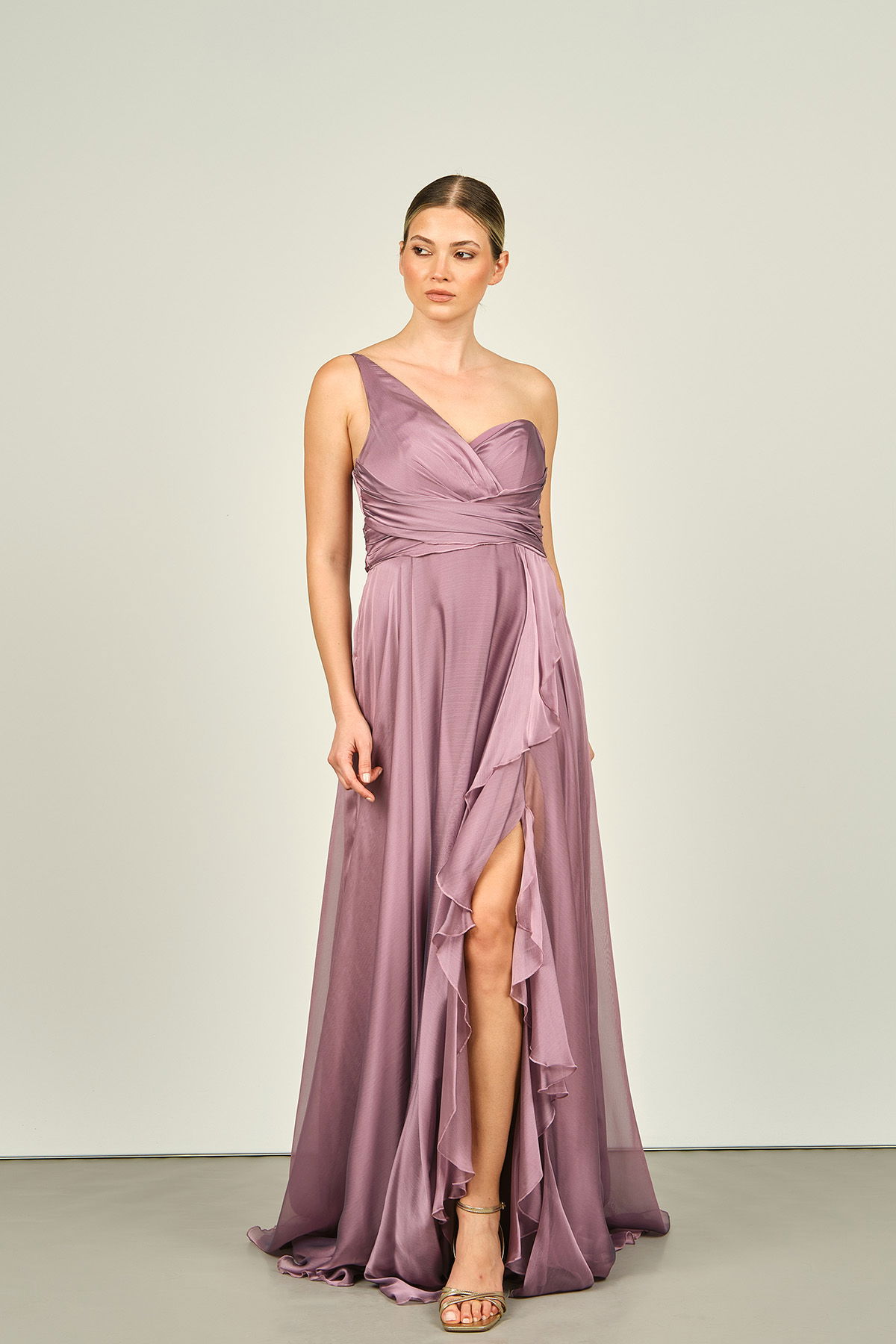 Doridorca Kadın Tek Omuz Yırtmaçlı Fırfır Detaylı Uzun Abiye Elbise 4082 Lavanta - 1
