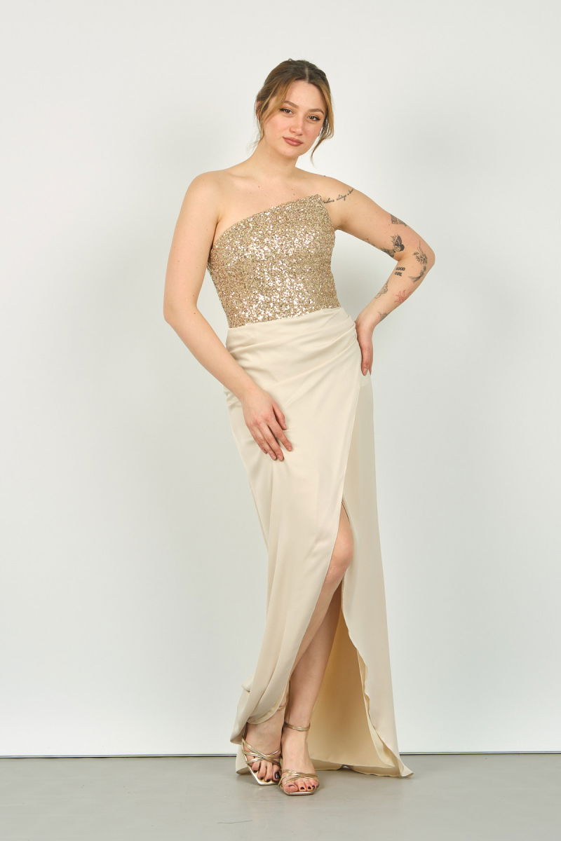 Doridorca Kadın Üst Payetli ve Straplez Alt Anvelop Etek Uzun Abiye Elbise 5047 Bej - 2
