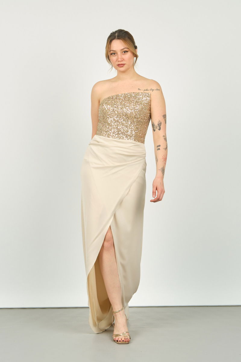 Doridorca Kadın Üst Payetli ve Straplez Alt Anvelop Etek Uzun Abiye Elbise 5047 Bej - 3