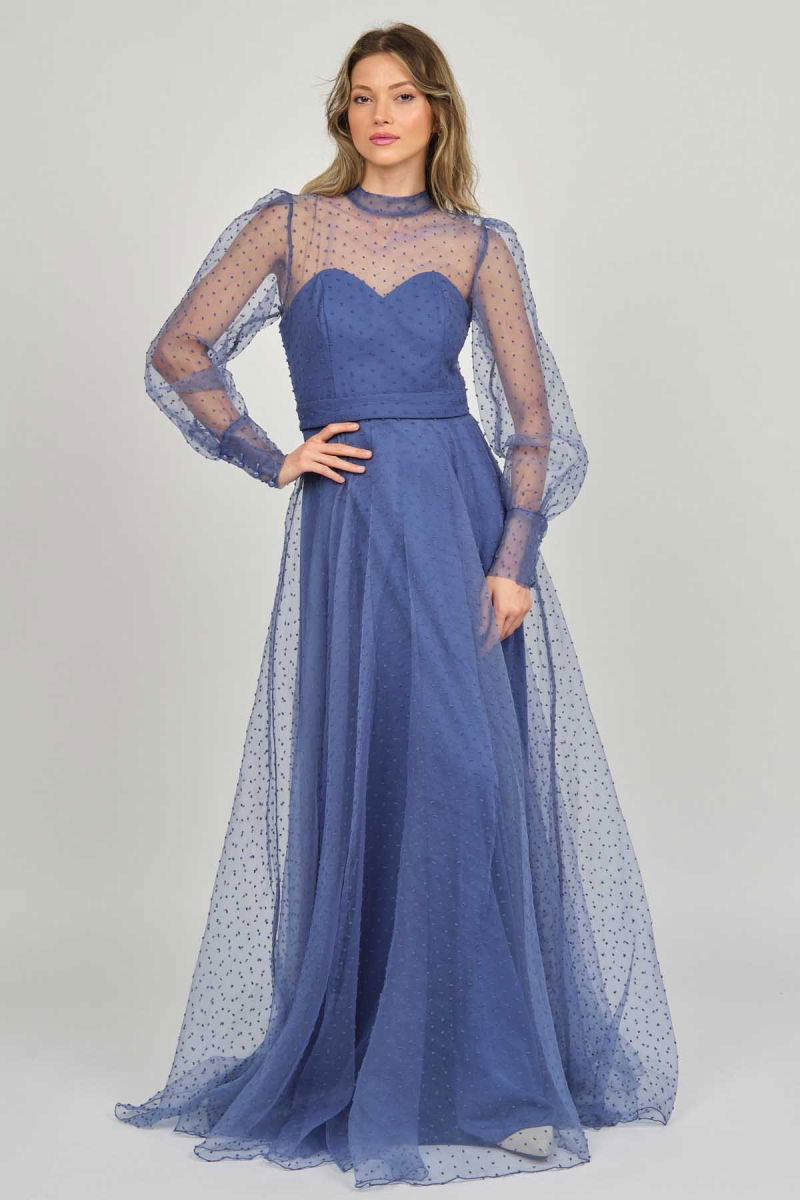 Doridorca Kadın Uzun Kol Tül Abiye Elbise 5923054 Indigo - Doridorca