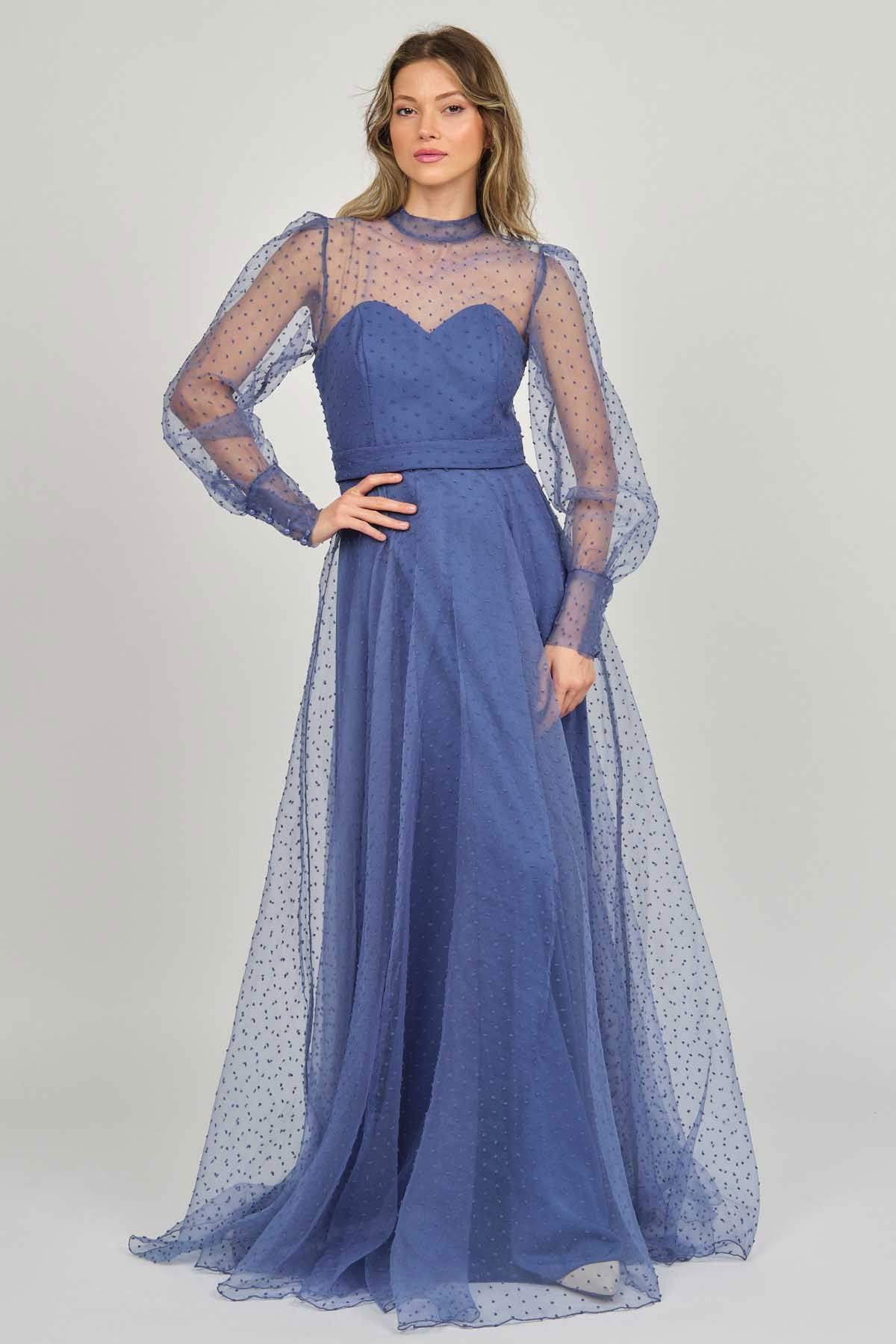 Doridorca Kadın Uzun Kol Tül Abiye Elbise 5923054 Indigo - 1