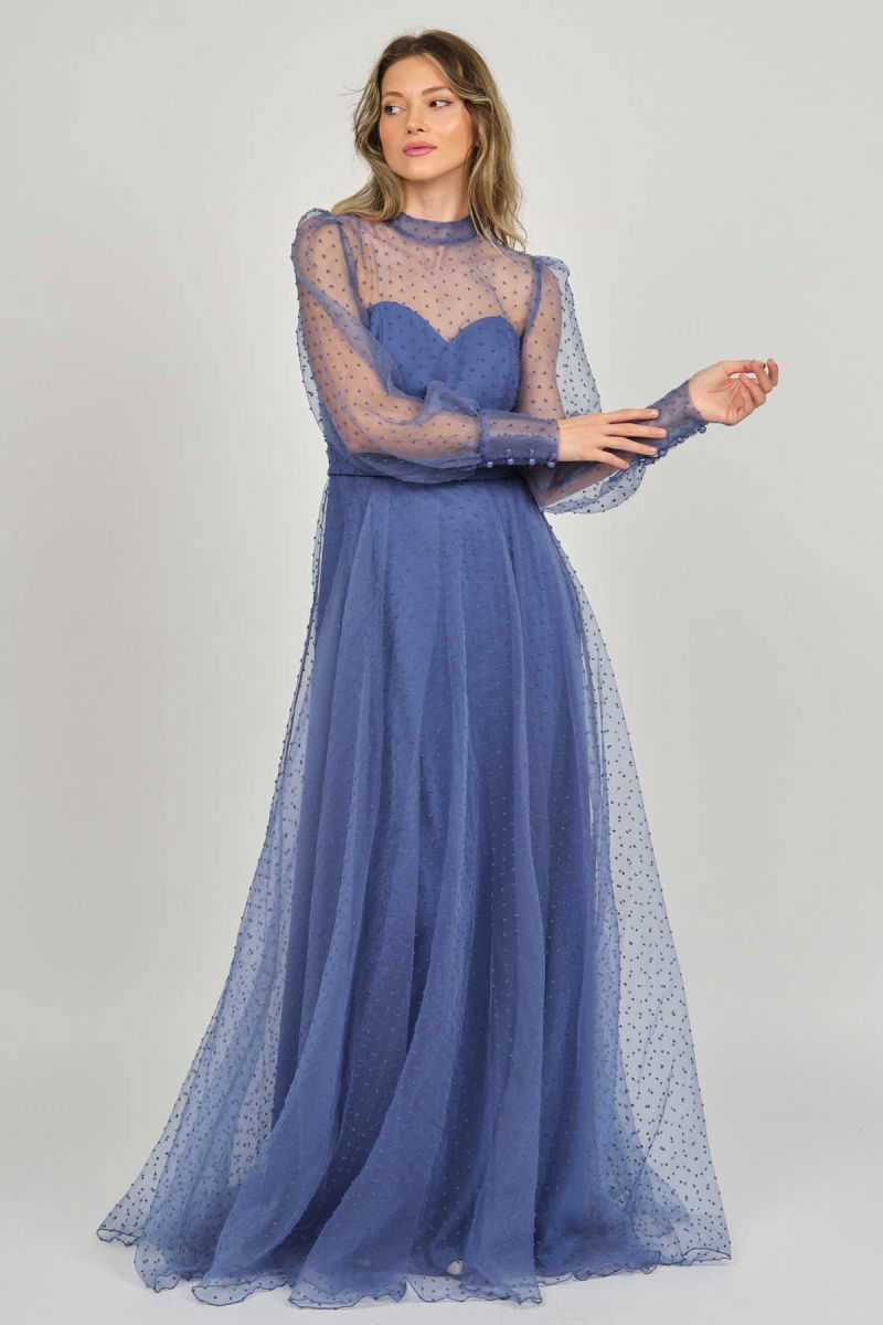 Doridorca Kadın Uzun Kol Tül Abiye Elbise 5923054 Indigo - 2