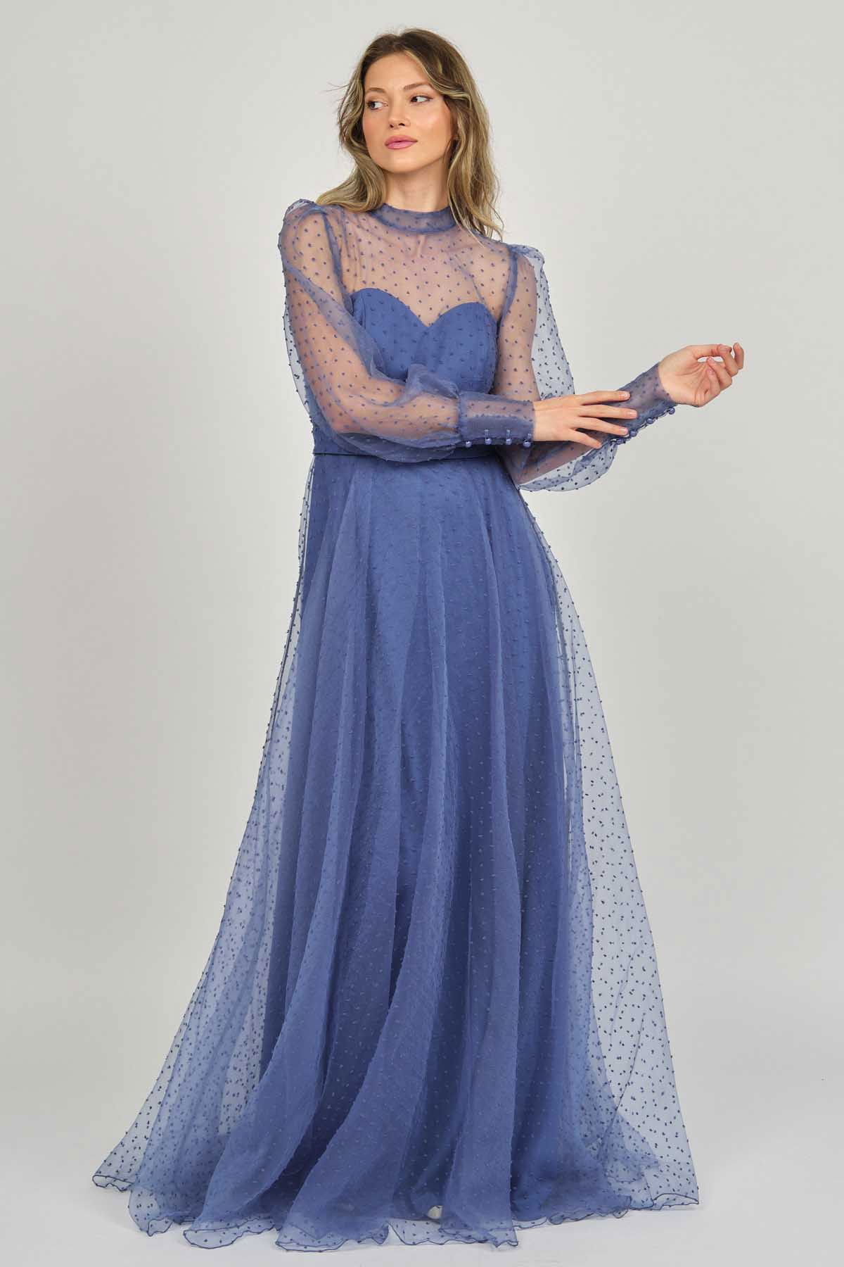 Doridorca Kadın Uzun Kol Tül Abiye Elbise 5923054 Indigo - 2