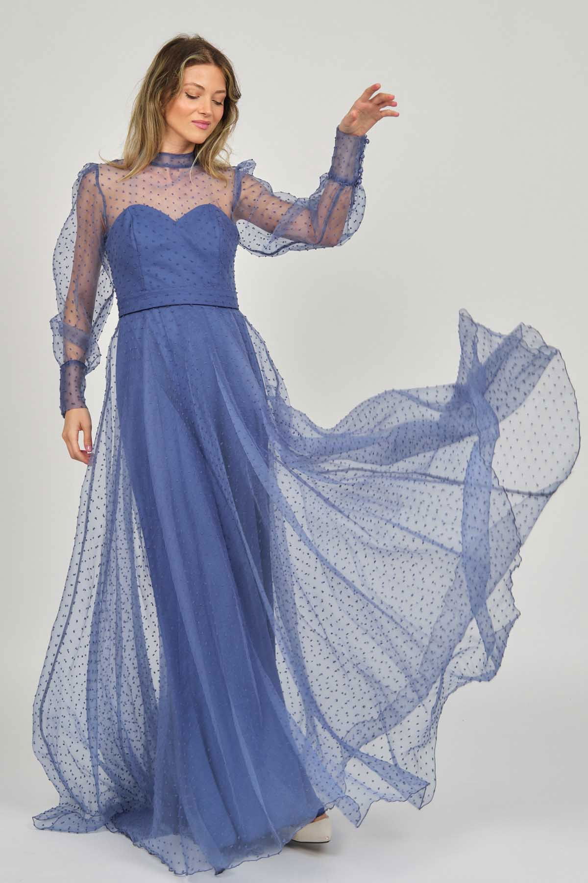 Doridorca Kadın Uzun Kol Tül Abiye Elbise 5923054 Indigo - 3