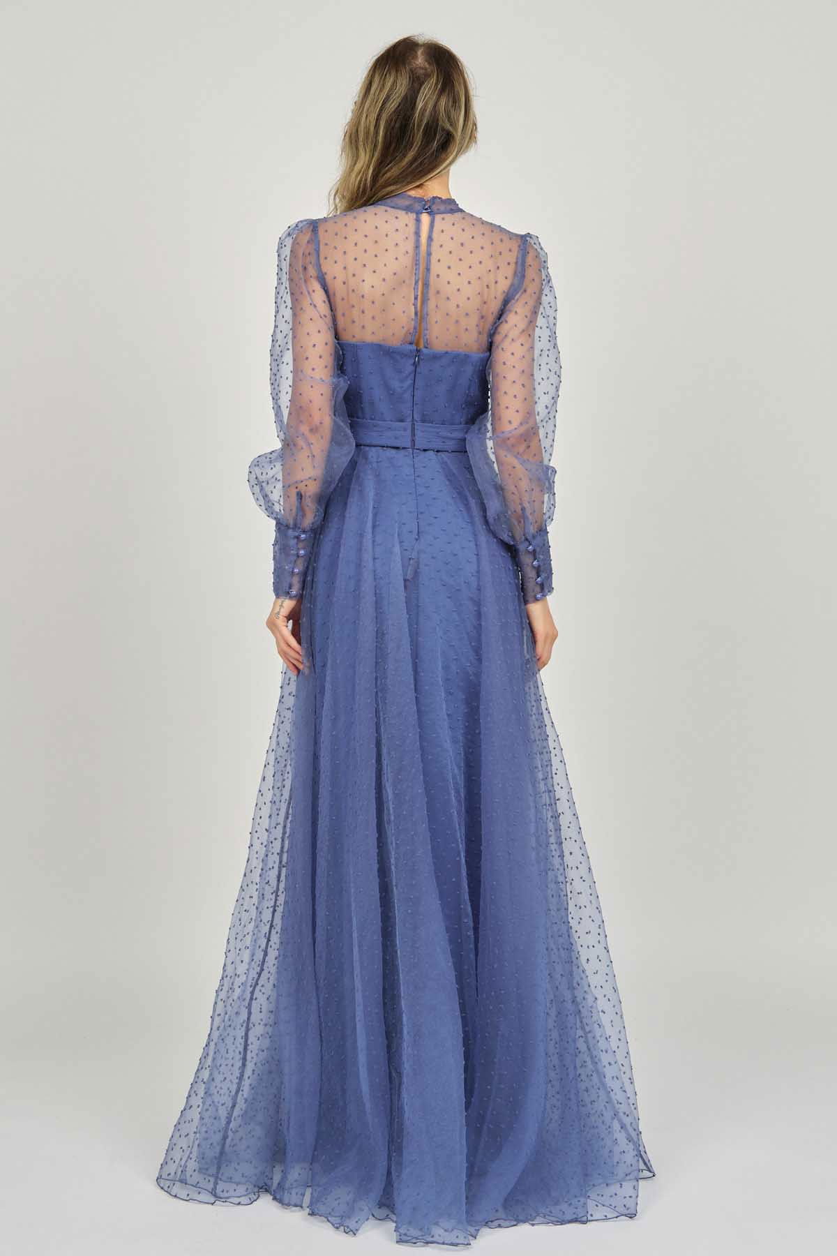 Doridorca Kadın Uzun Kol Tül Abiye Elbise 5923054 Indigo - 5