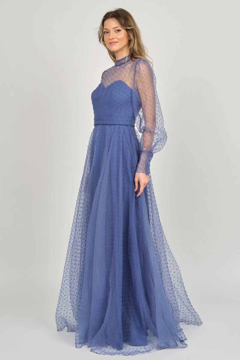 Doridorca Kadın Uzun Kol Tül Abiye Elbise 5923054 Indigo - 6