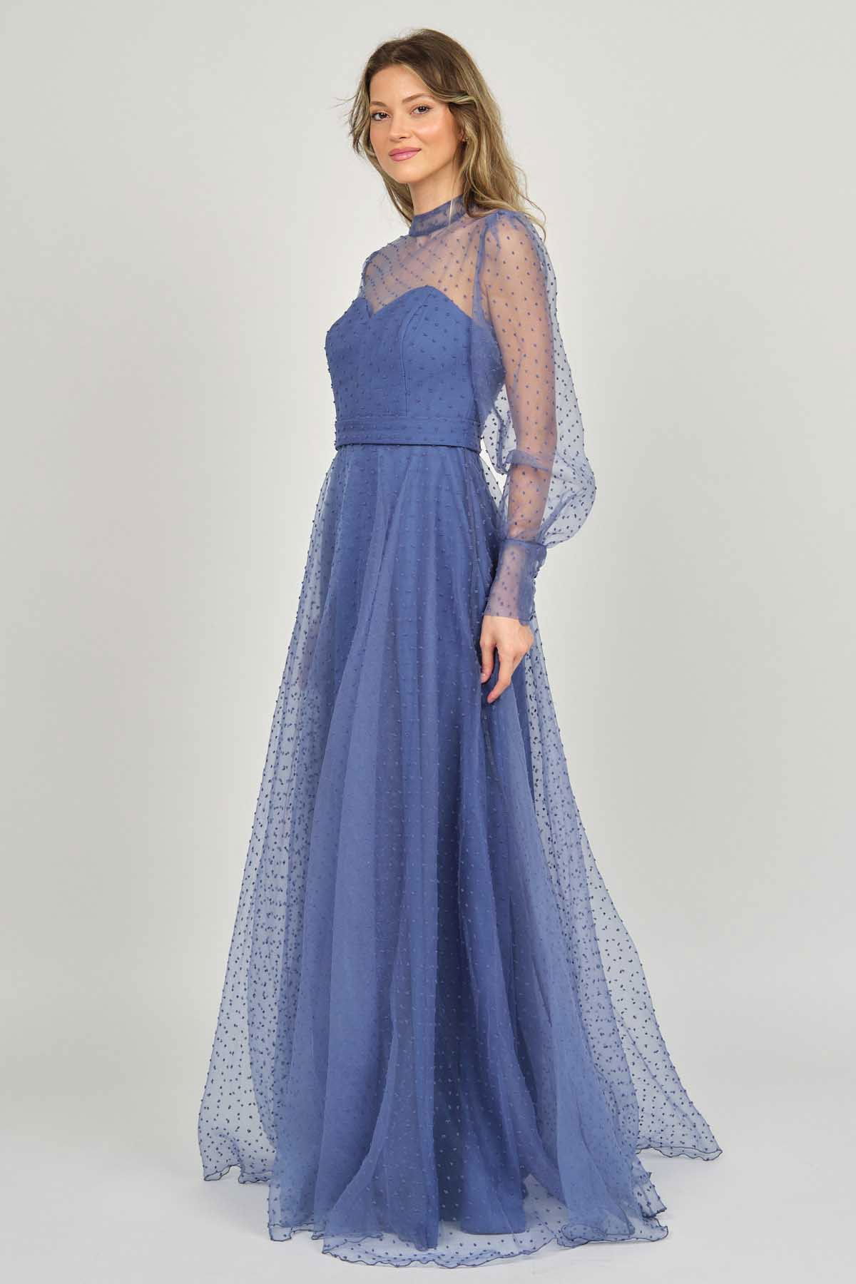 Doridorca Kadın Uzun Kol Tül Abiye Elbise 5923054 Indigo - 6