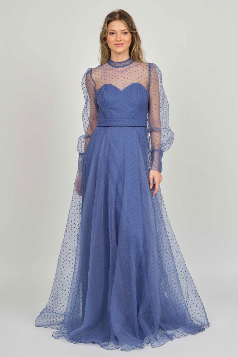 Doridorca Kadın Uzun Kol Tül Abiye Elbise 5923054 Indigo - 7