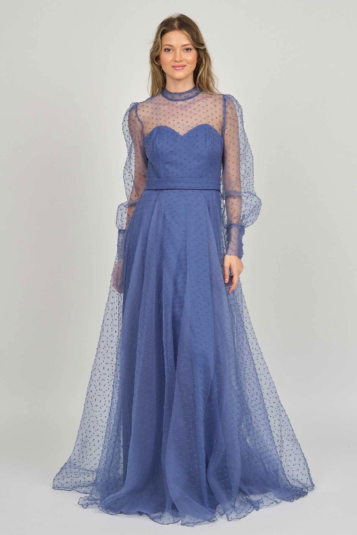 Doridorca Kadın Uzun Kol Tül Abiye Elbise 5923054 Indigo - 7