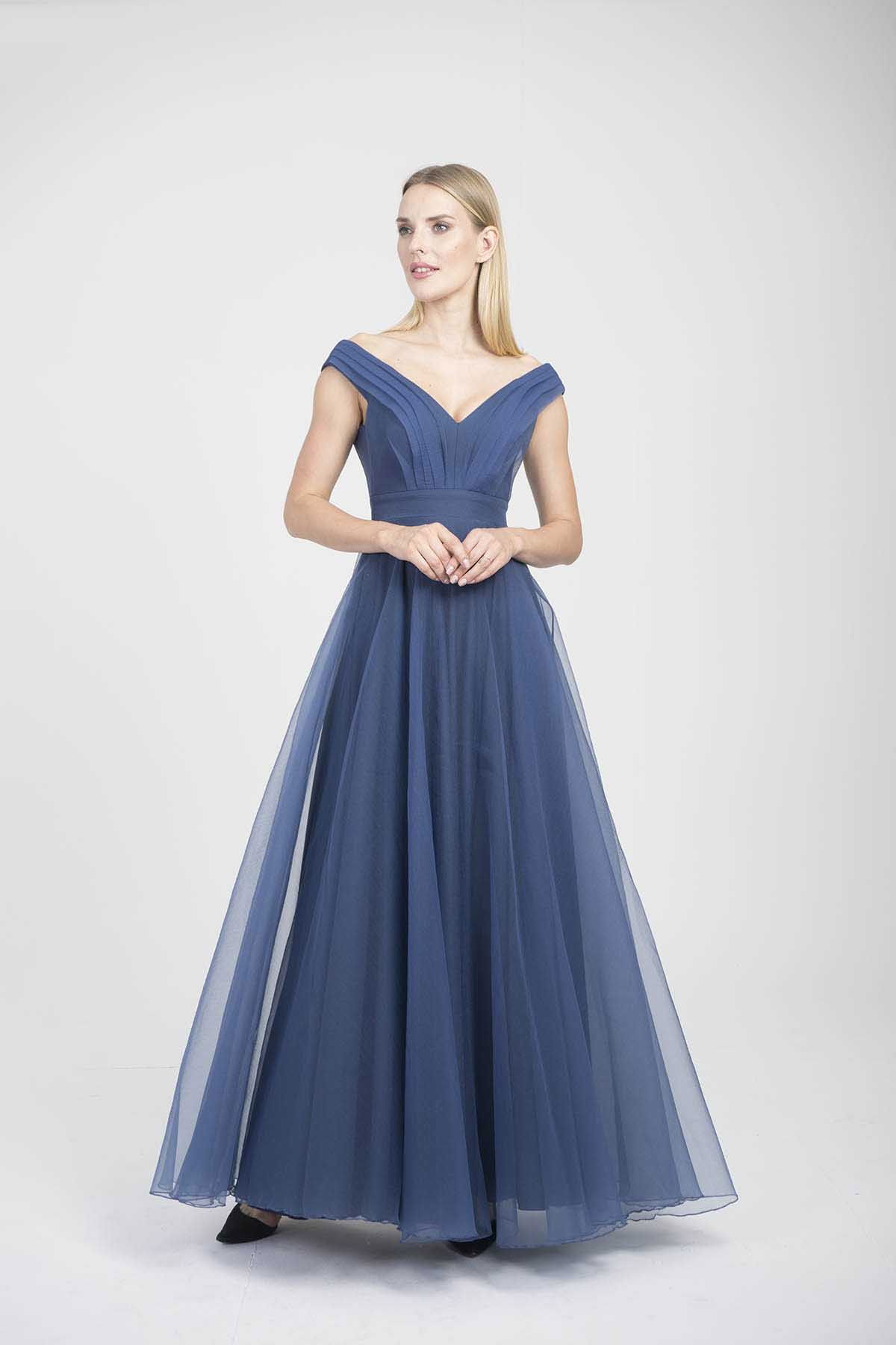 Doridorca Kadın V Yaka Abiye Elbise 5923038 Indigo - 1