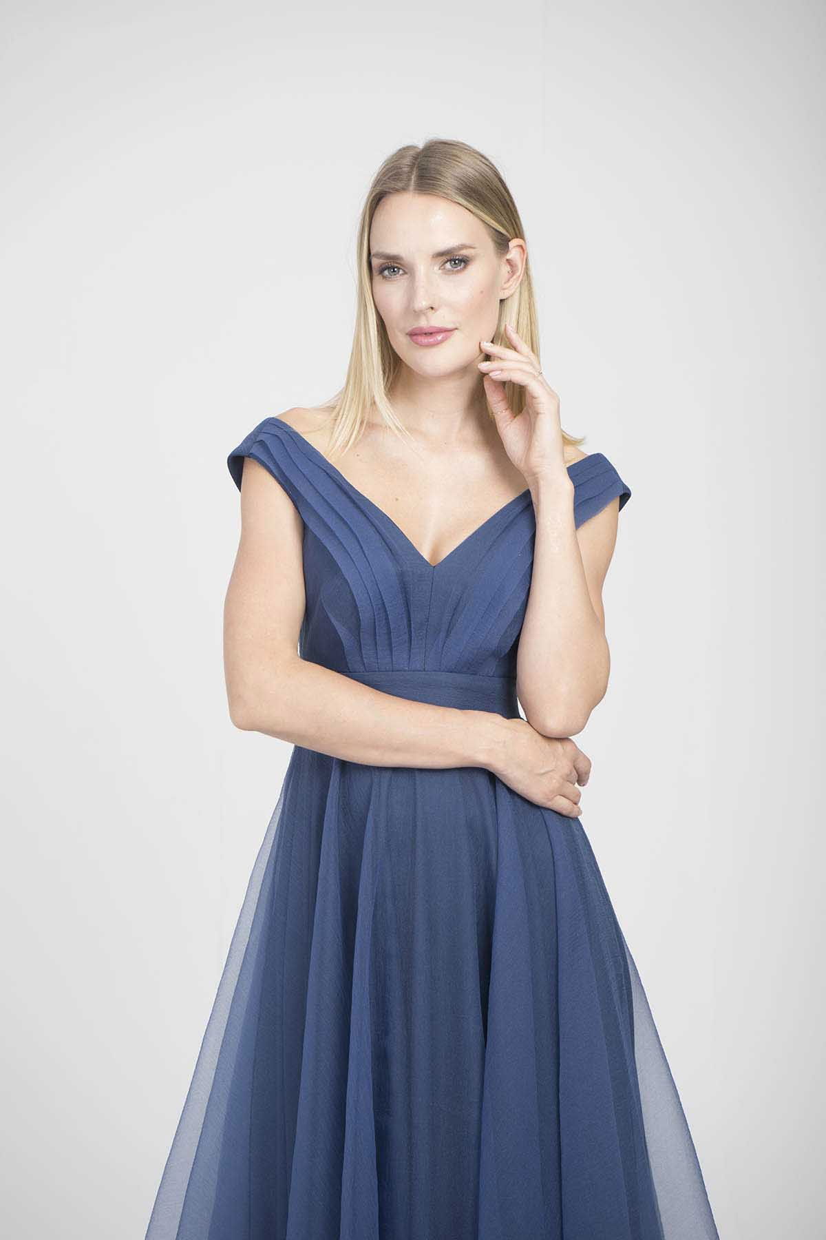 Doridorca Kadın V Yaka Abiye Elbise 5923038 Indigo - 2