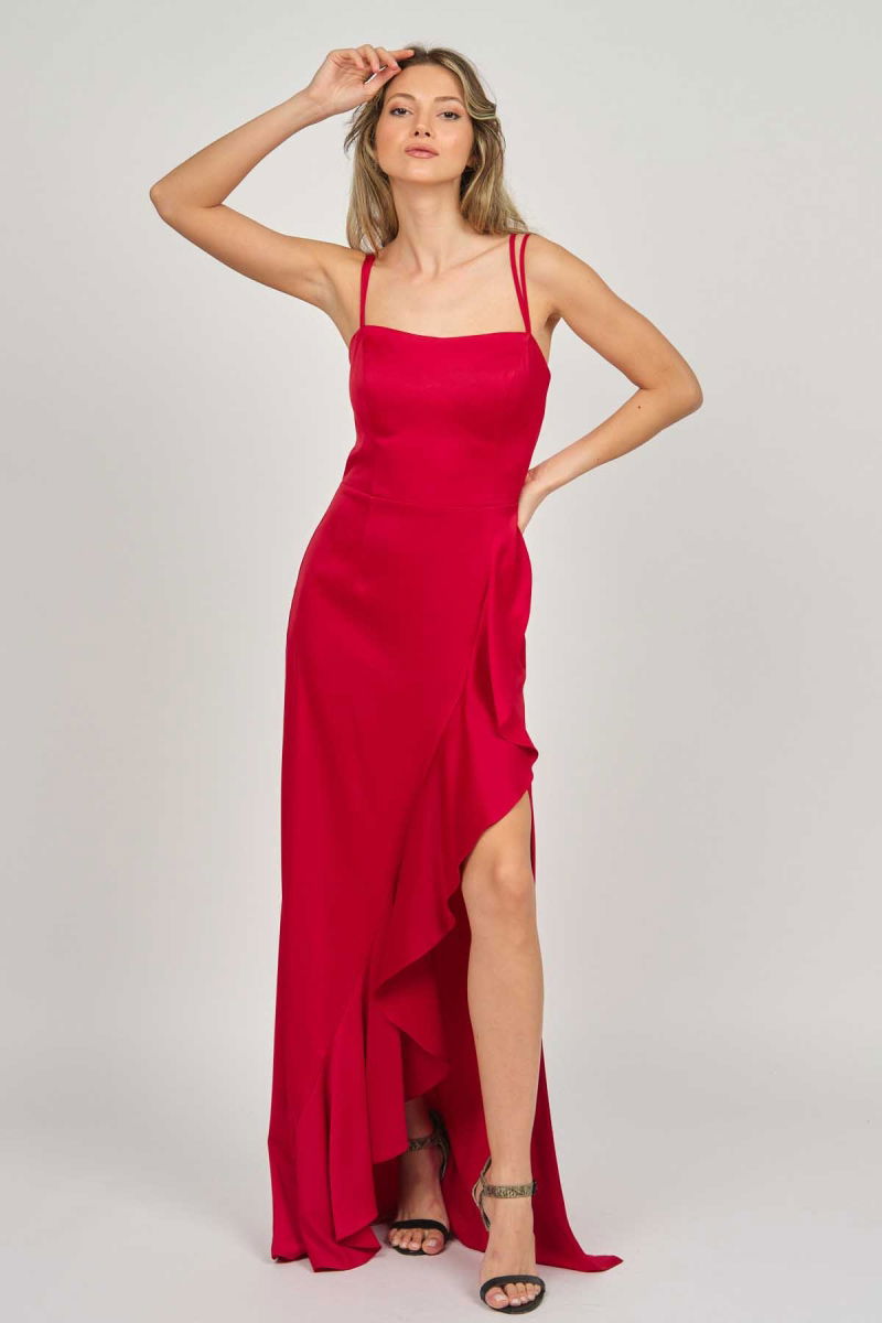 Doridorca Kadın Volanlı Derin Yırtmaçlı Abiye Elbise 5922010 Kırmızı - Doridorca