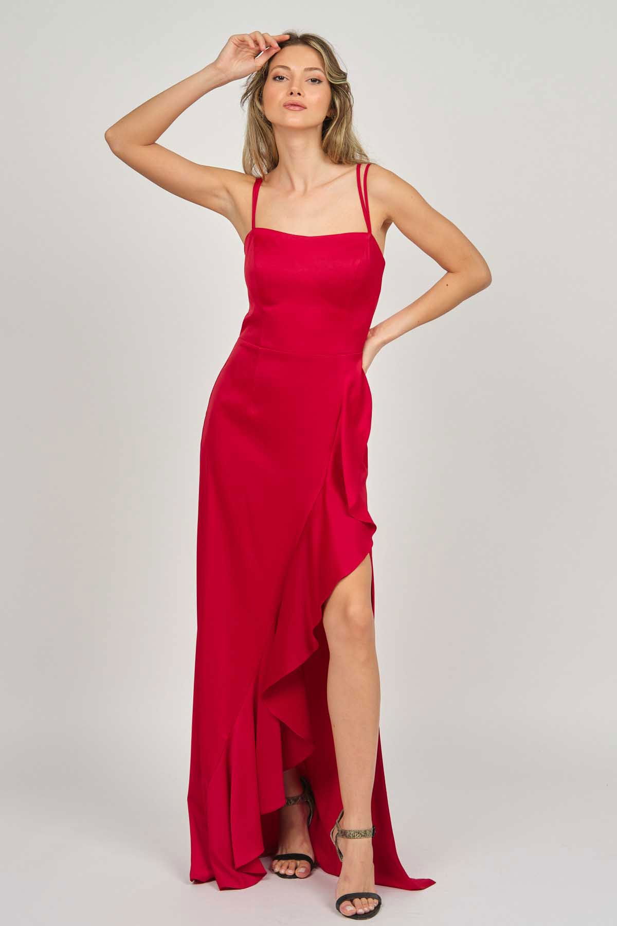 Doridorca Kadın Volanlı Derin Yırtmaçlı Abiye Elbise 5922010 Kırmızı - 1