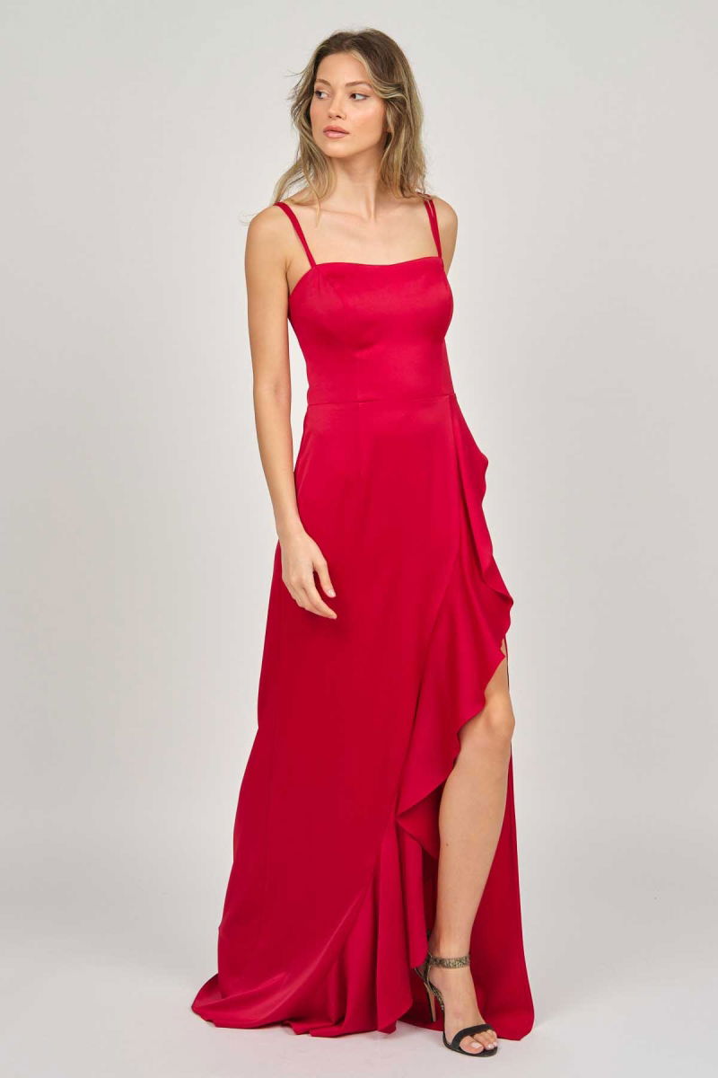 Doridorca Kadın Volanlı Derin Yırtmaçlı Abiye Elbise 5922010 Kırmızı - 2