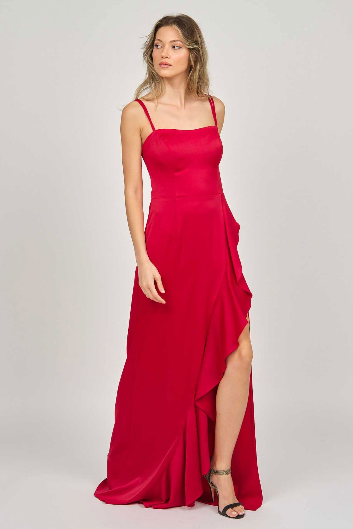 Doridorca Kadın Volanlı Derin Yırtmaçlı Abiye Elbise 5922010 Kırmızı - 2