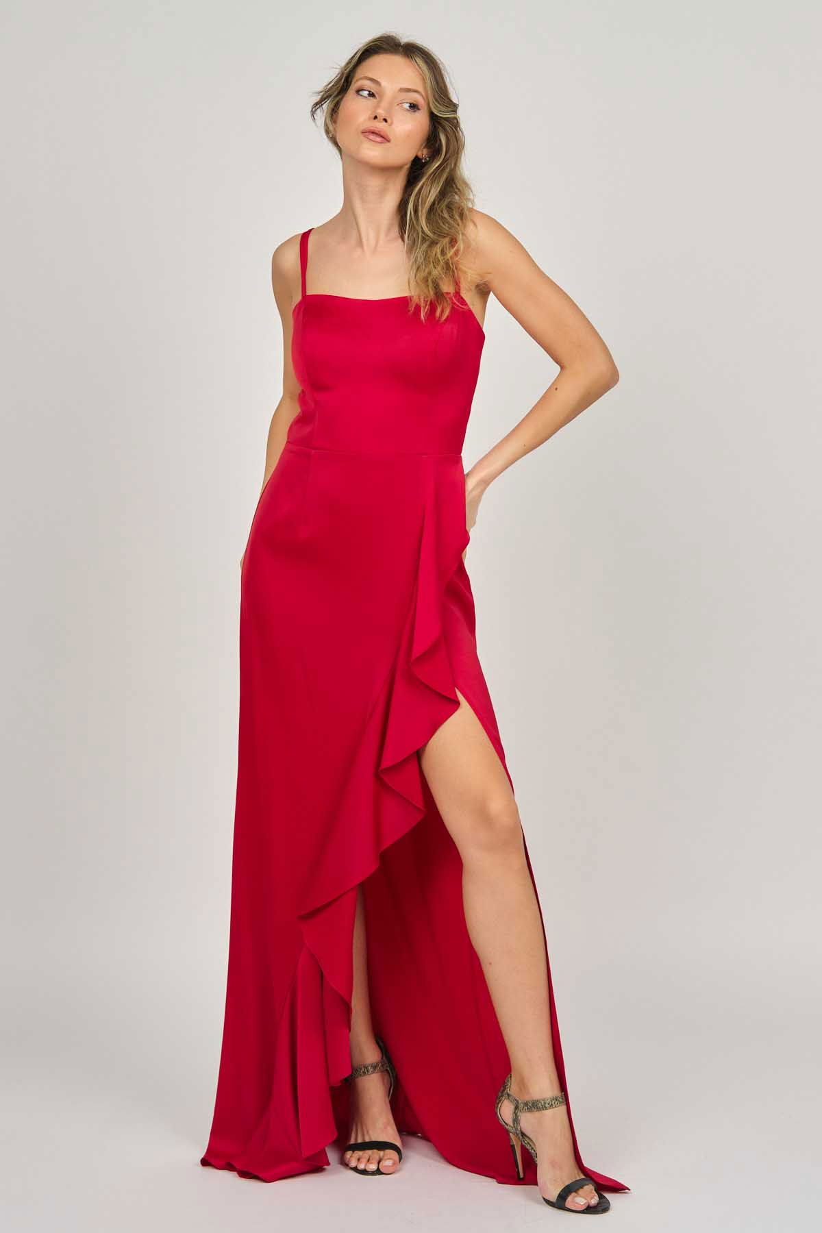 Doridorca Kadın Volanlı Derin Yırtmaçlı Abiye Elbise 5922010 Kırmızı - 3