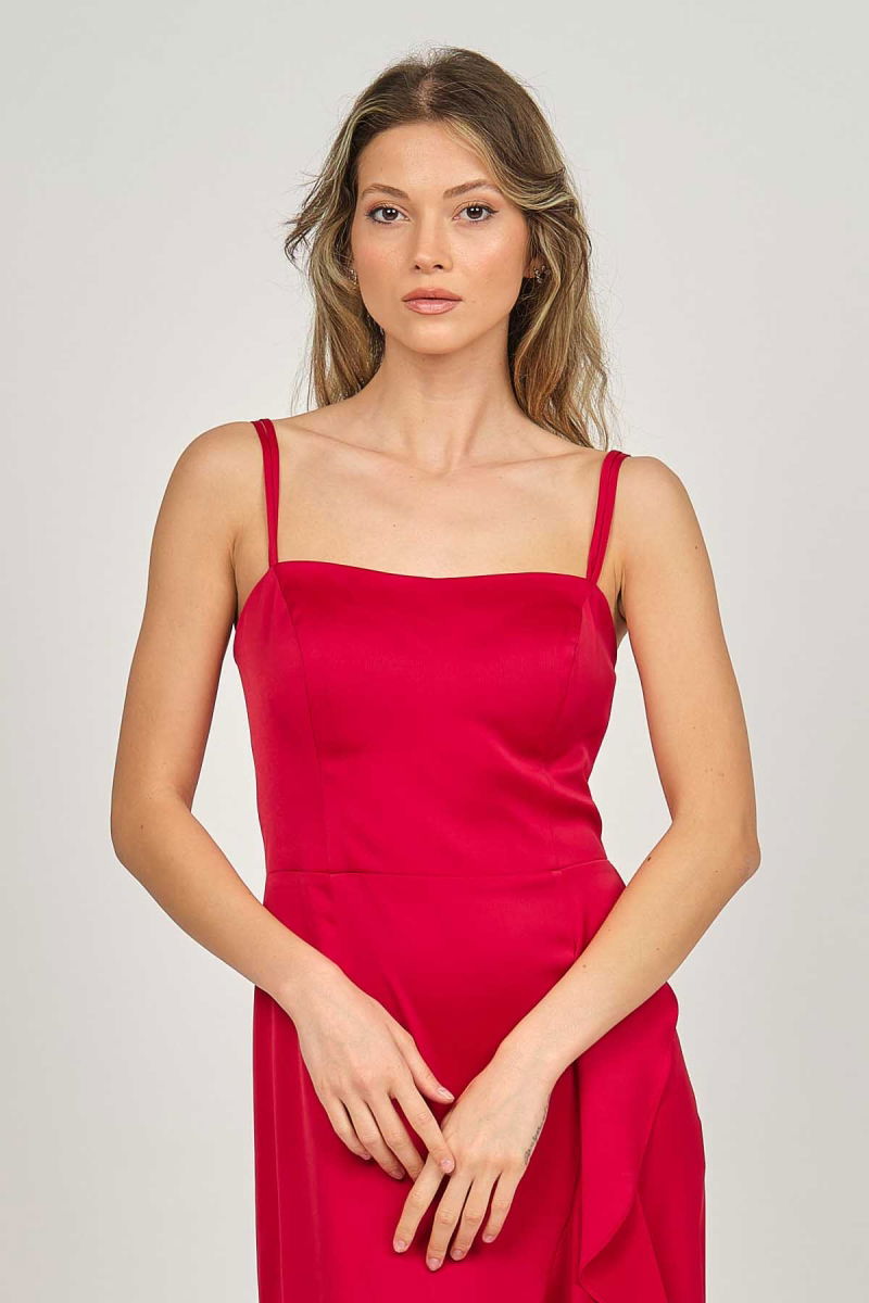 Doridorca Kadın Volanlı Derin Yırtmaçlı Abiye Elbise 5922010 Kırmızı - 4